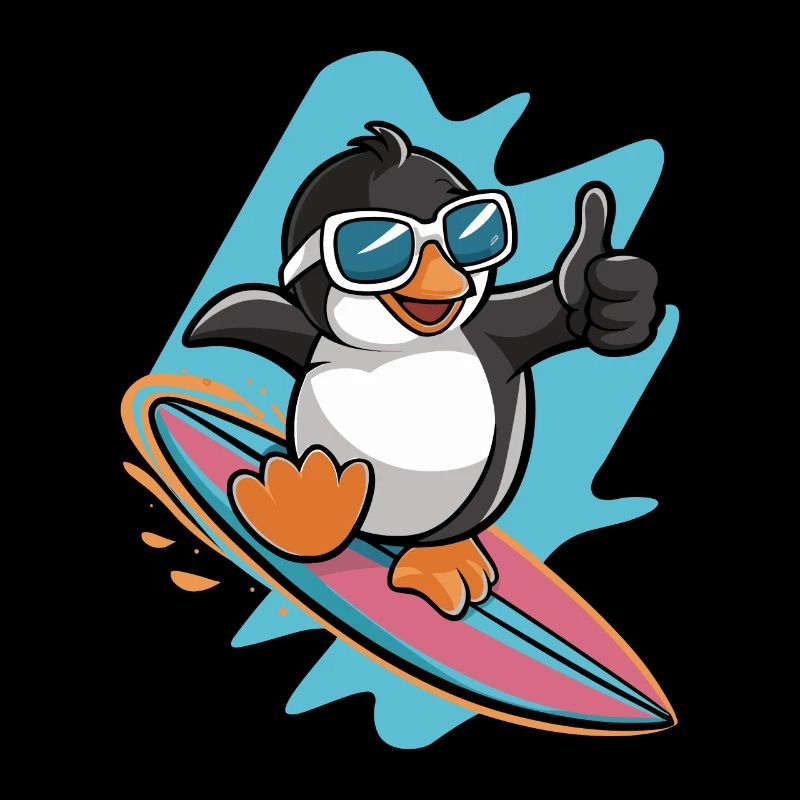 Lustiger Pinguin auf Surfbrett mit Sonnenbrille