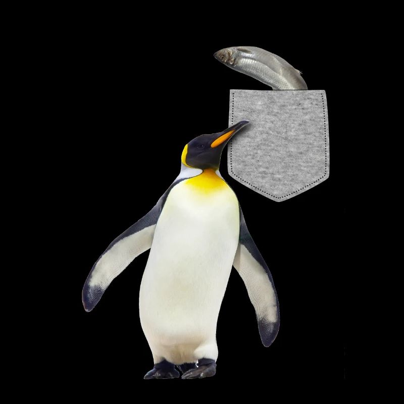 Pinguin, der nach Fisch in Ihrer falschen Tasche greift Spaß