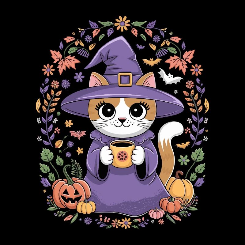 Chat sorcière d'Halloween avec des citrouilles