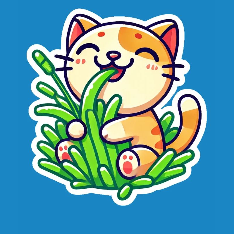 Chat roux mignon mangeant de l’herbe verte