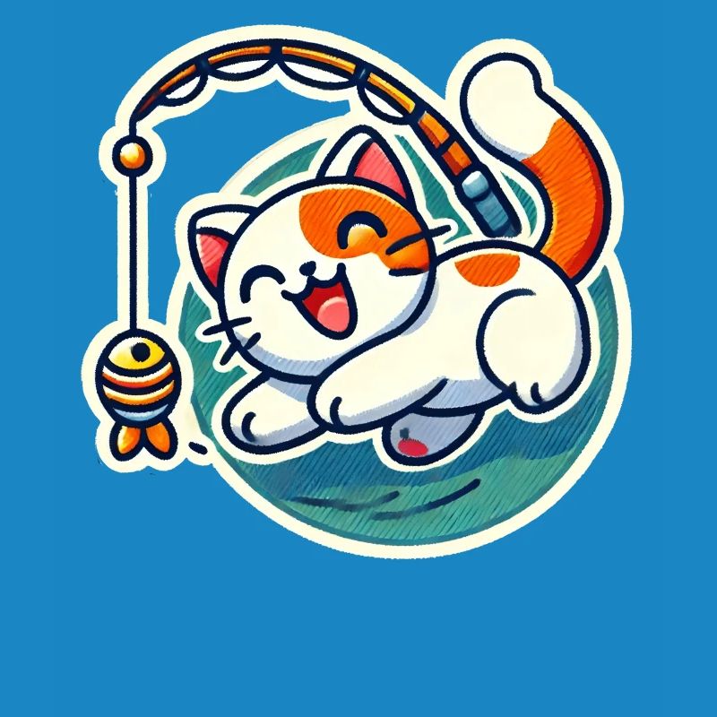 Mignon chat blanc roux joue avec une canne à pêche pour chat