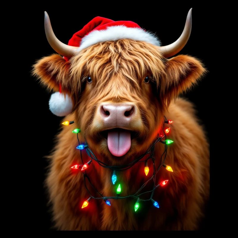 Vache écossaise des Highlands avec breloque des lumières de Noël