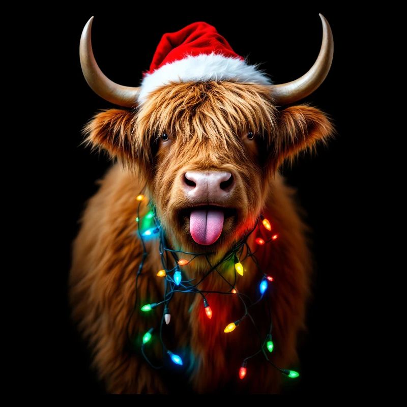 Vache écossaise des Highlands avec des lumières de Noël joyeuse