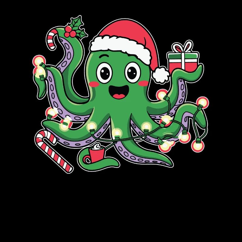 Weihnachtskrake mit Lichtern und Mütze Weihnachten