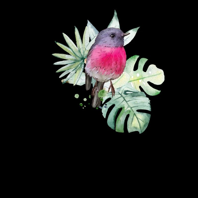 Aquarelle Robin rose avec feuilles tropicales