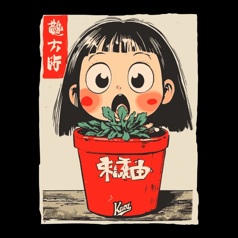 fille de dessin animé derrière un pot de fleurs