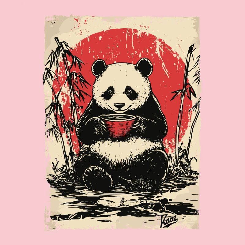 Panda with soup in bamboo forest