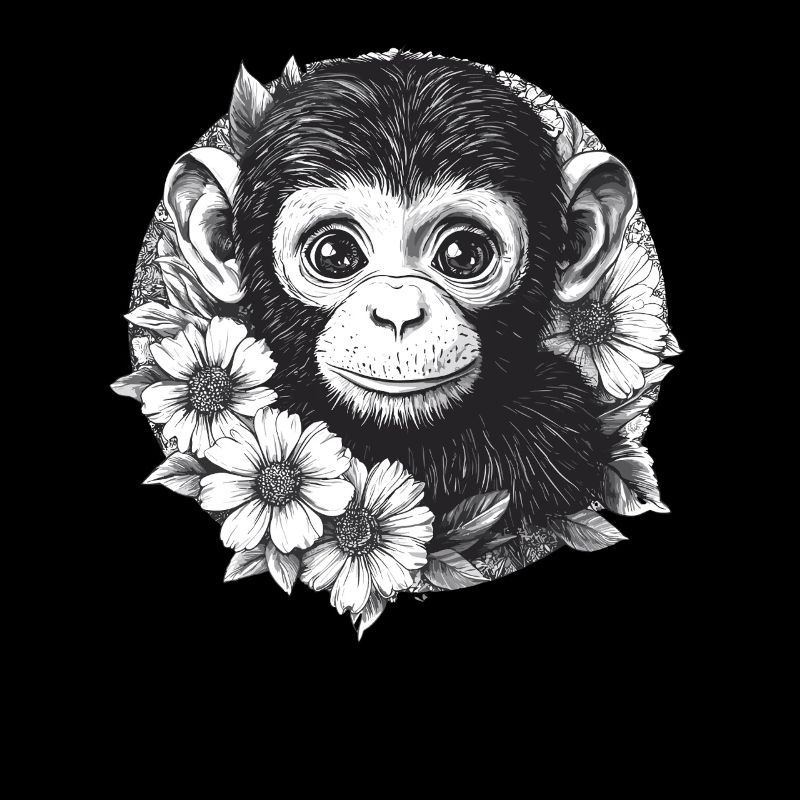 Singe noir et blanc avec des fleurs