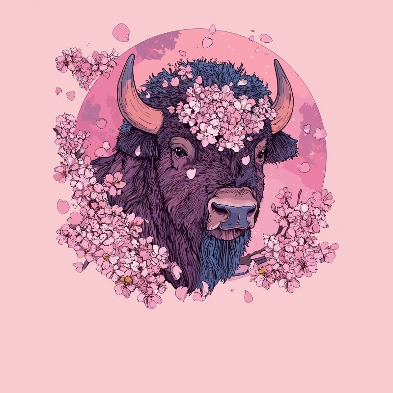 Bison avec couronne de fleurs de cerisier