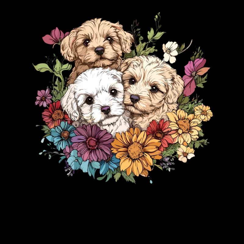 Chiots dans une mer de fleurs