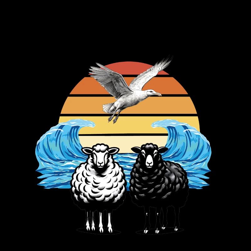 sheep sheep sunset sea seagull