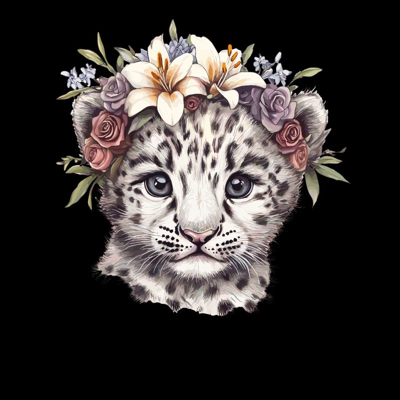 Bébé léopard des neiges avec des fleurs