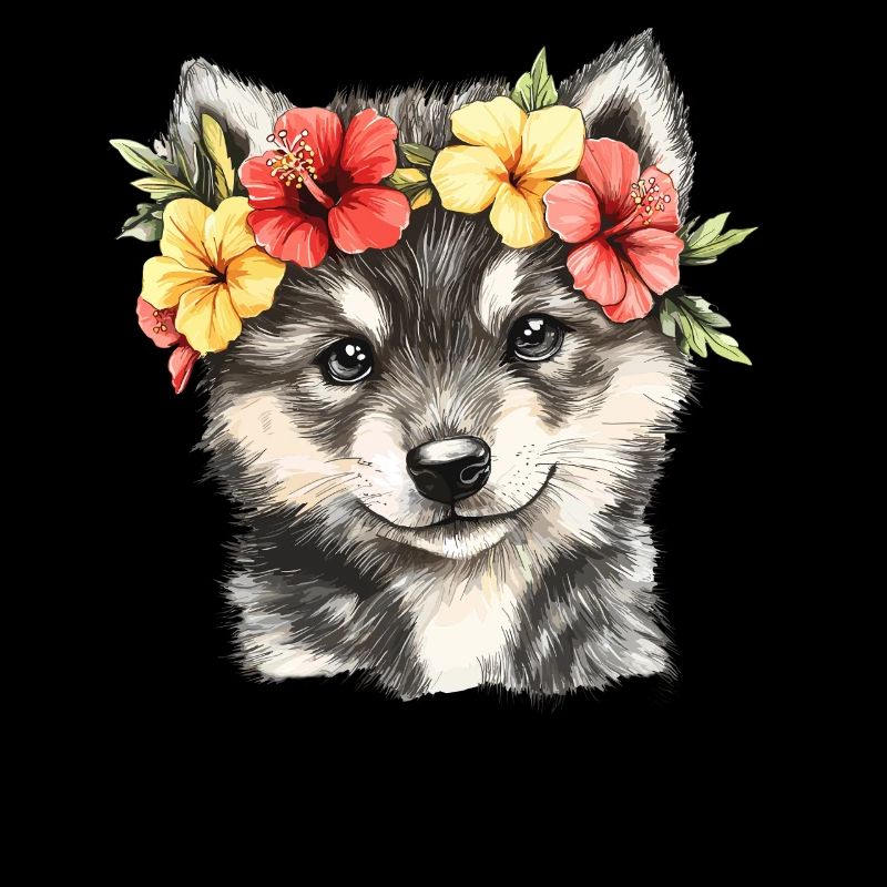 Chiot husky avec des fleurs
