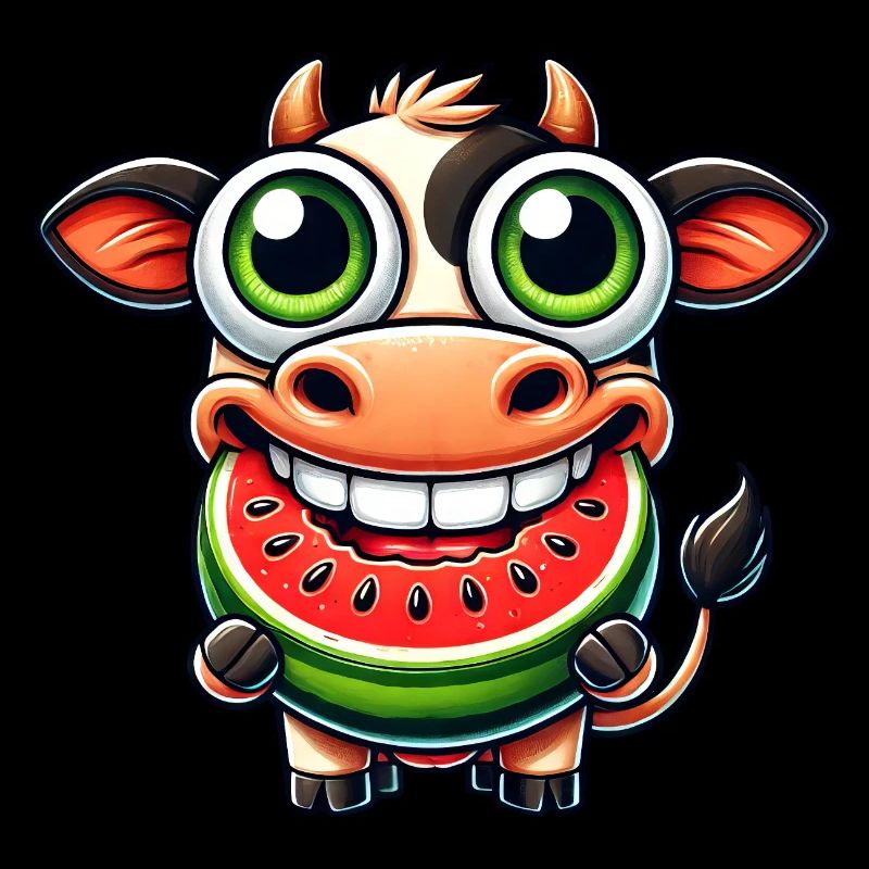 Mignon dessin animé de taureau de vache avec pastèque