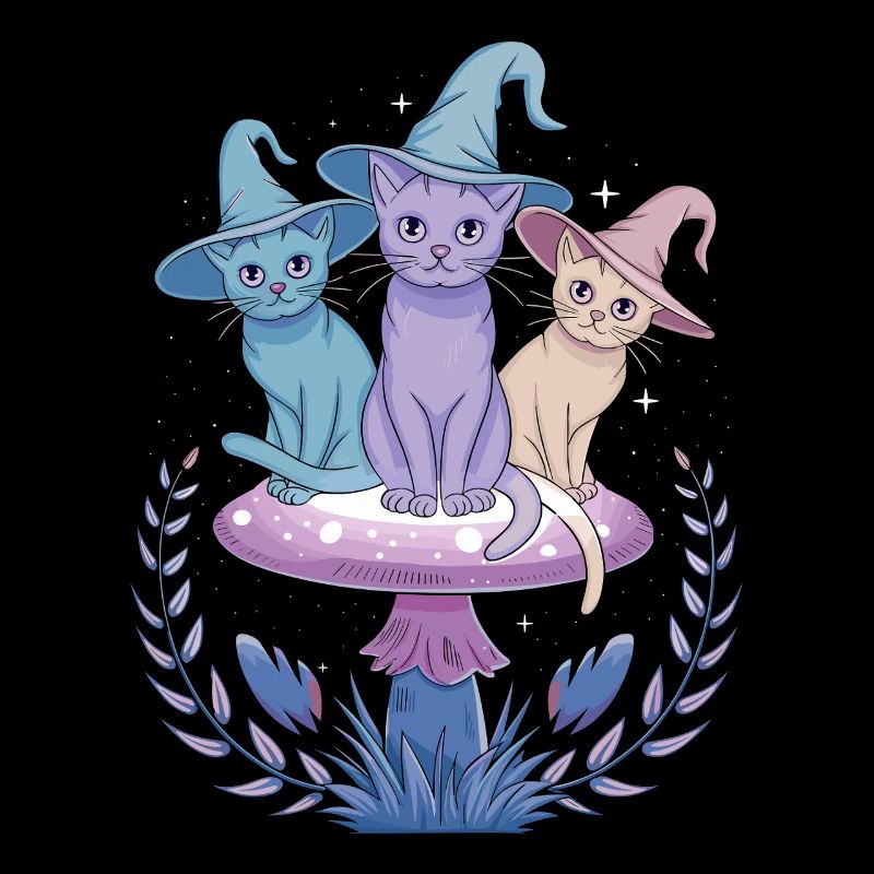 Playful cats with magic hats on toadstool