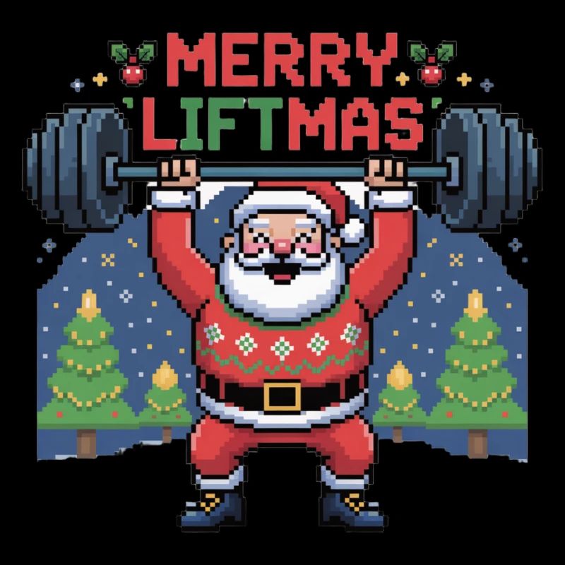 Pixel Santa lifts weights