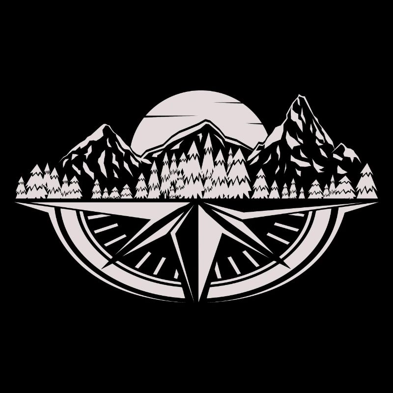 Mountains, forest & compass at sunset