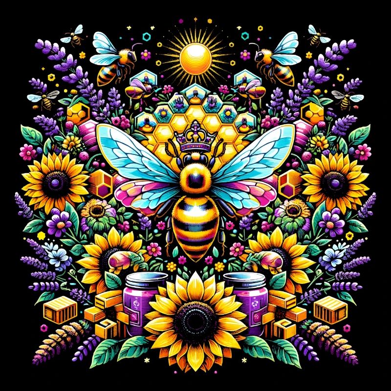 Lebhaftes, farbenfrohes Kunstwerk mit Bienen
