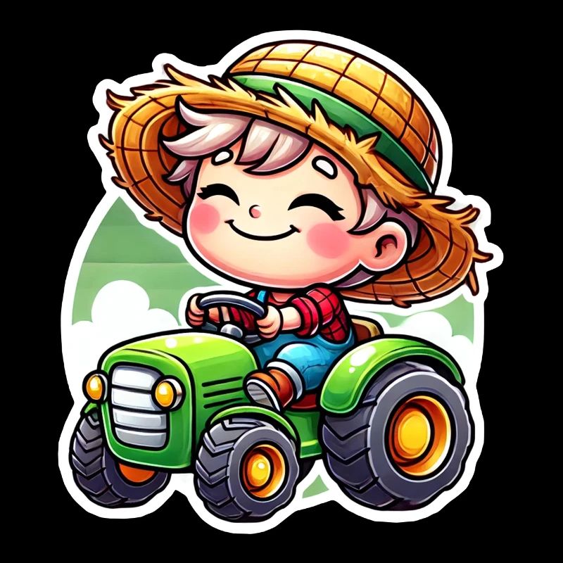Little straw hat boy driving green tractor