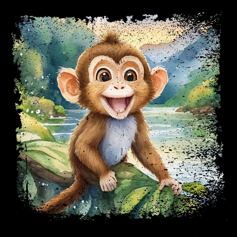Mignon jeune singe, joyeux au bord de la rivière