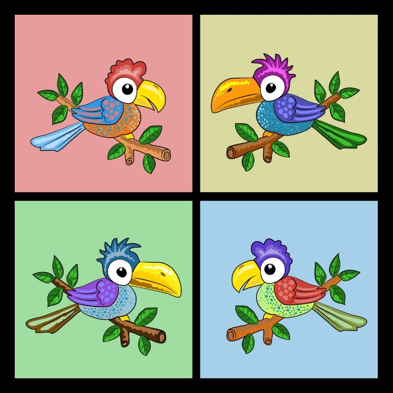 Four colorful parrots in different colors