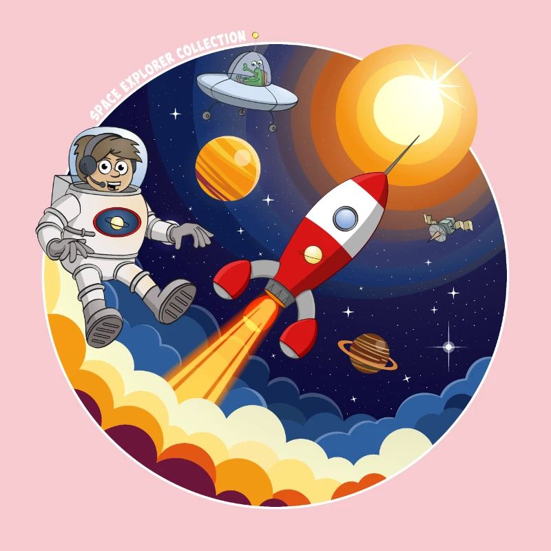 Rocket, astronaut, UFO and planets in space.