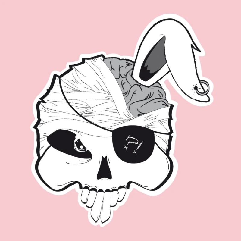 Pirate bunny skull with brain and rabbit ear