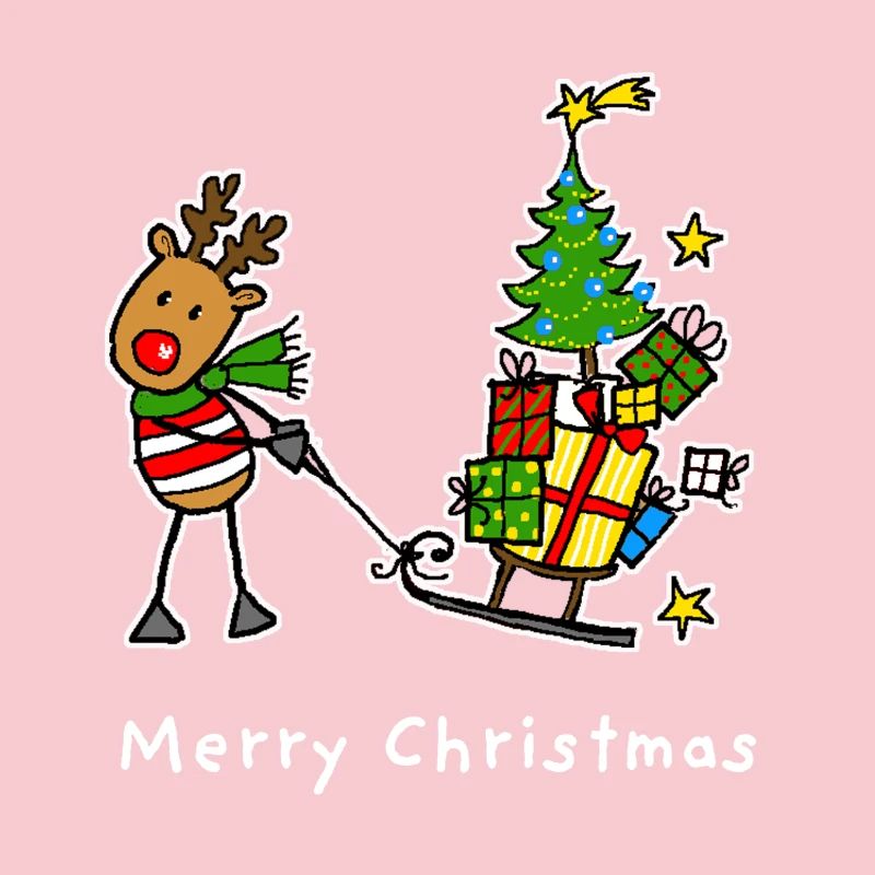 Reindeer pulls tree and gifts on sleigh