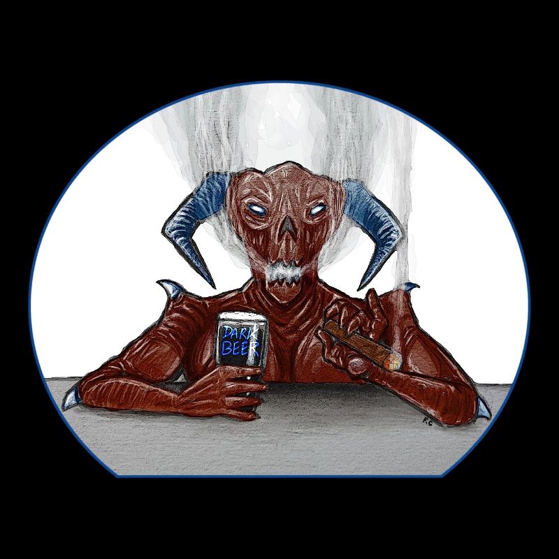 Dämon auf der Terrasse mit Bier und Zigarre