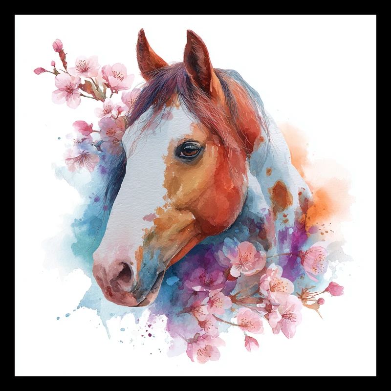 Cheval aquarelle avec des fleurs