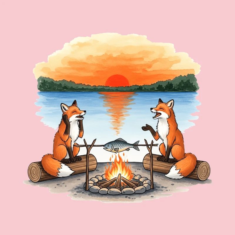 Fox Campfire at Sunset by Lake