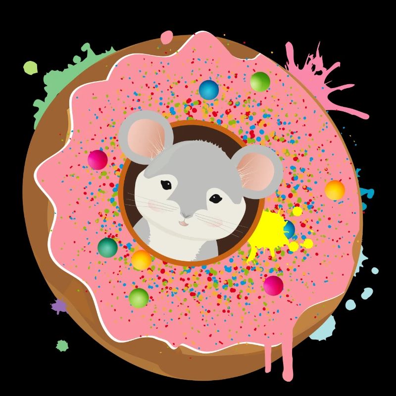 graue Maus sitzt im Donut mit rosa Glasur