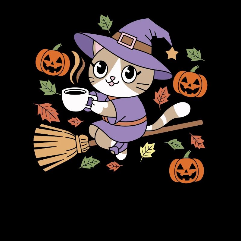 Chat mignon d’Halloween avec chapeau de sorcière et citrouilles