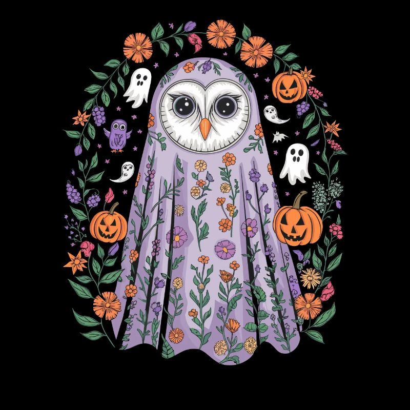 Halloween Eule Mit Blumen Und Kürbissen