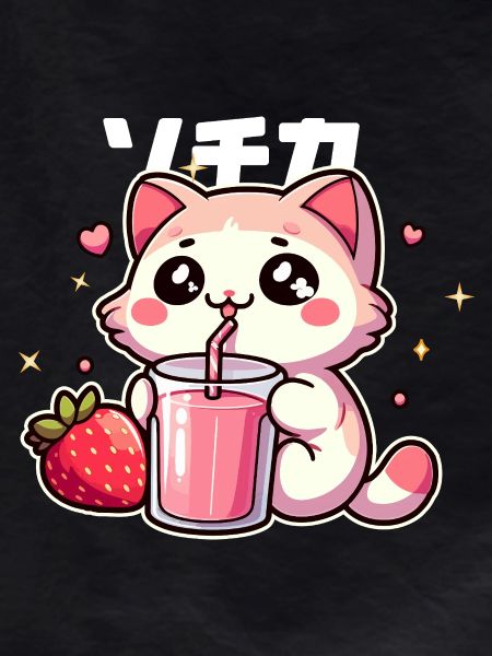 Kawaii kitten drinking strawberry smoothie