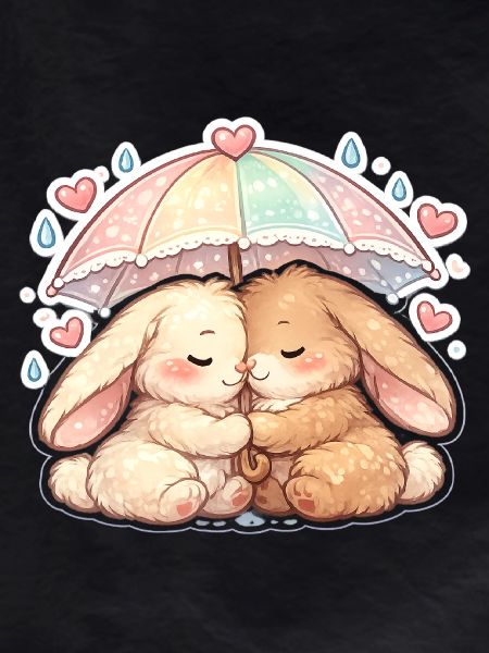 Cuddly rain rabbits under umbrella