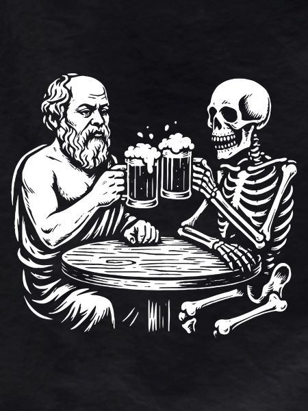 Socrates drinking beer with skeleton