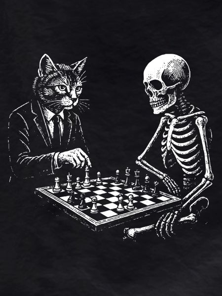 cat plays chess with skeleton