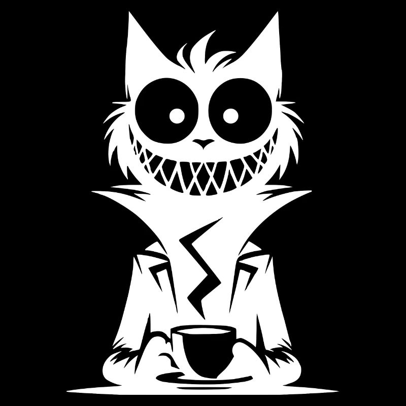 Grinning cat with coffee cup and crazy look