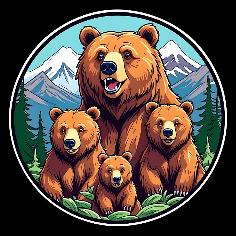 Defensive protective grizzly mom with cubs