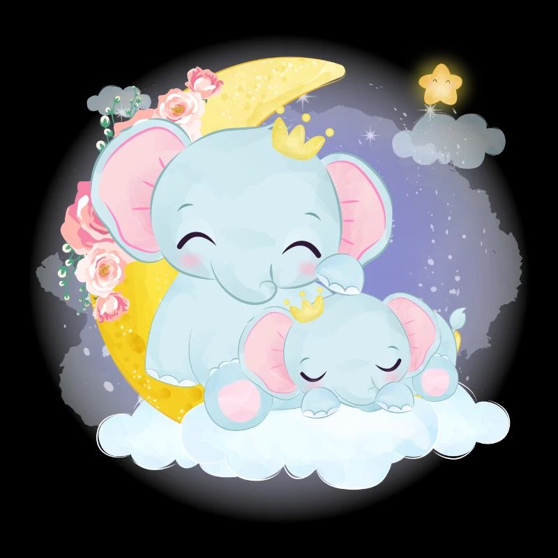 Cute elephant family on a cloud with moon