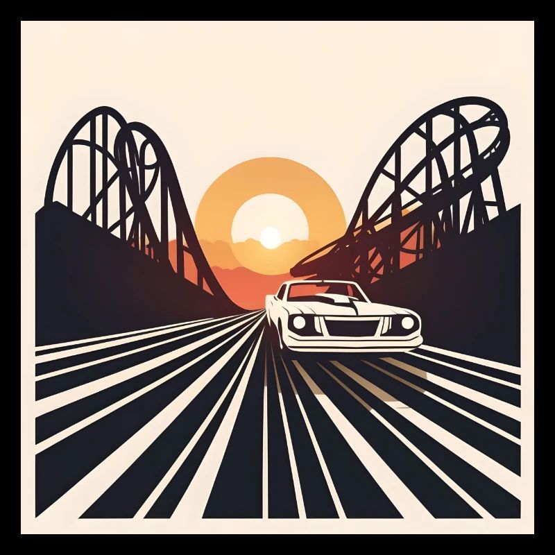 Retro Auto + Achterbahn im Sonnenuntergang