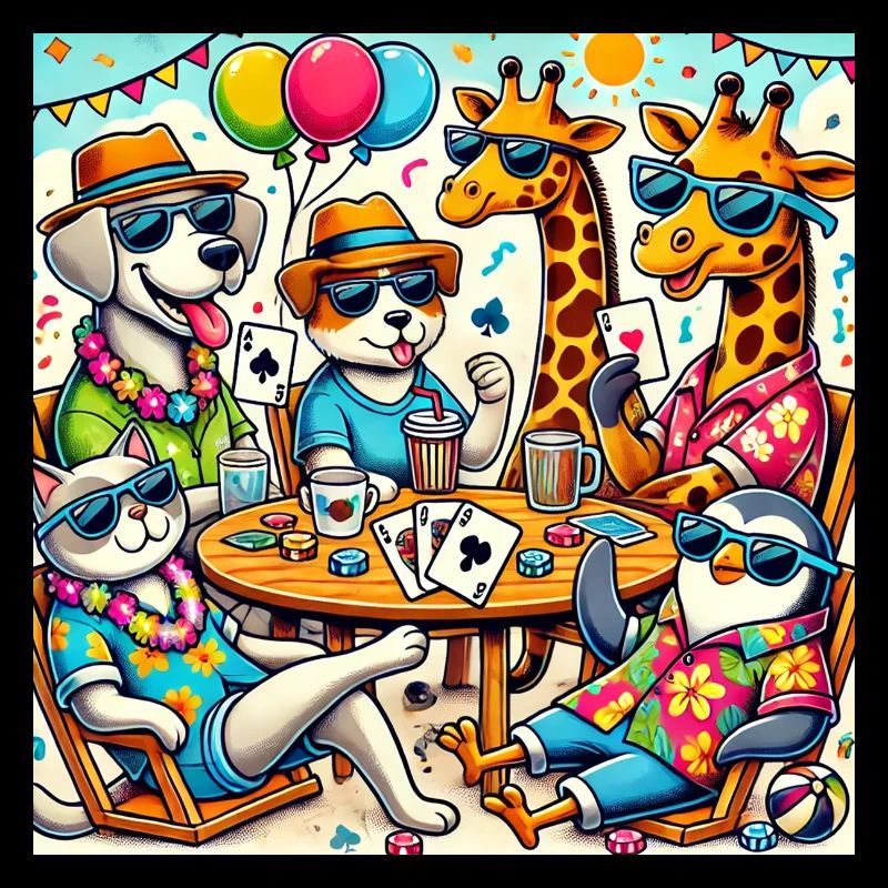 Karten spielende Tiere am Strand