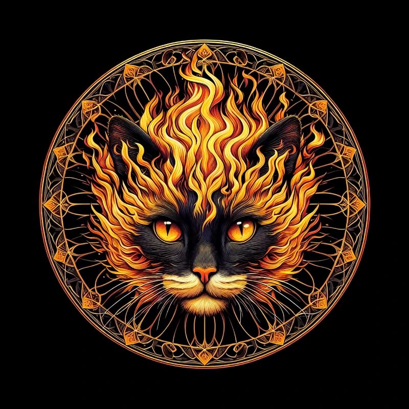 Mystical Fire Cat Mandala Design