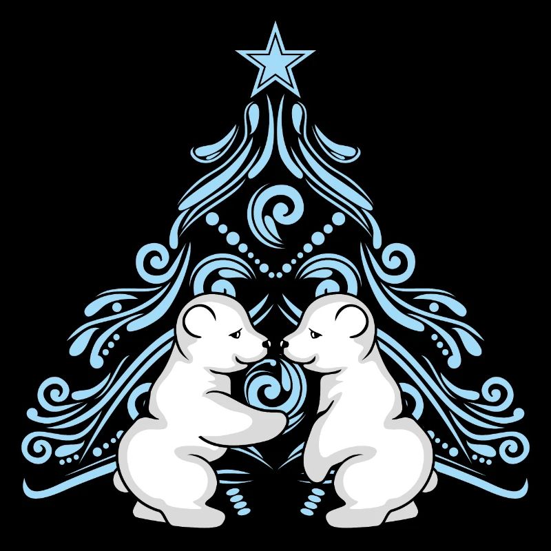 Two polar baby bears hugging near a Christmas tree