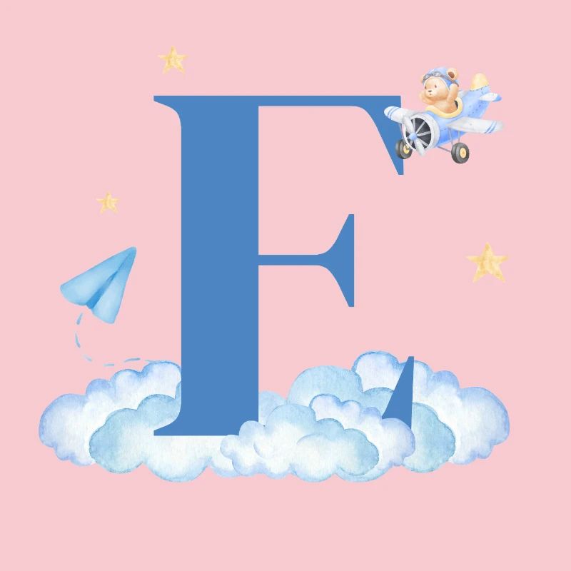 Letter e blue clouds airplane child