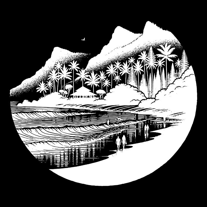 Tropical beach and sea with palm trees and mountains