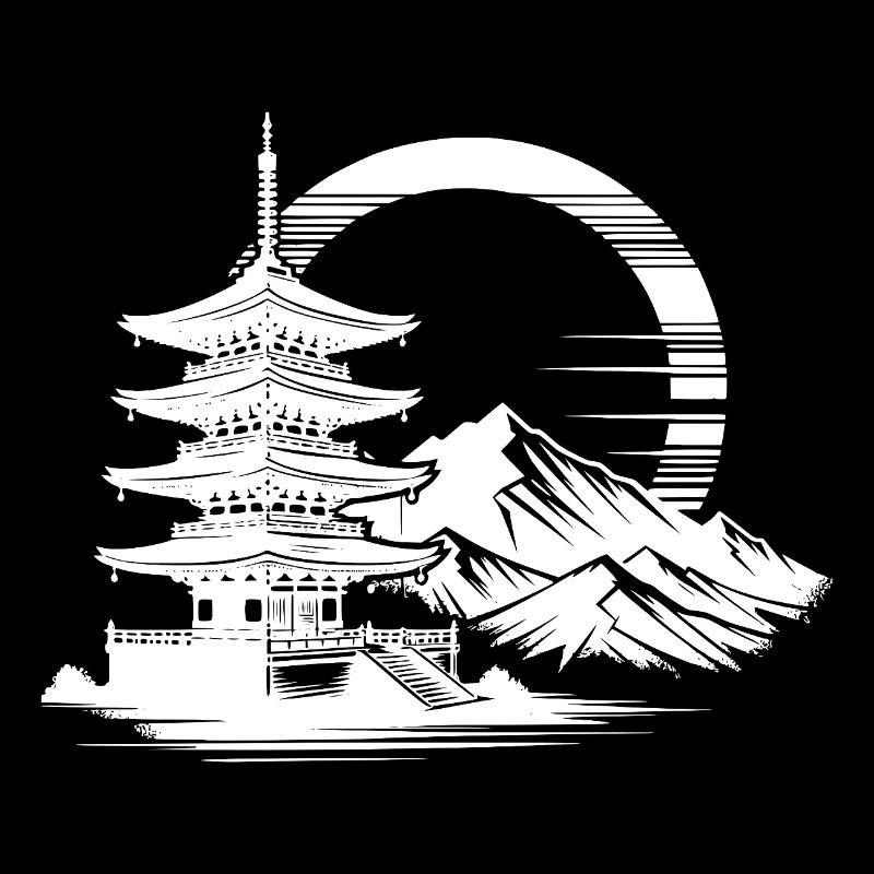 Japanische Pagode mit Bergen im Hintergrund