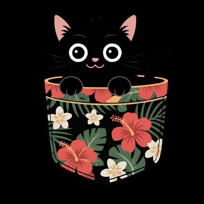 Chat noir mignon dans un design de poche tropicale