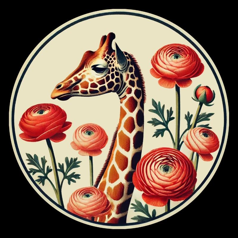 Vintage Giraffe with Ranunculus – Elegant Floral A